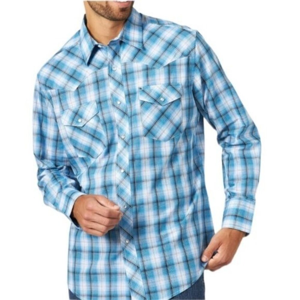 Wrangler Mens Western Fashion Snap Shirt Blue Plaid Long Sleeve L/G Poly/Cotton